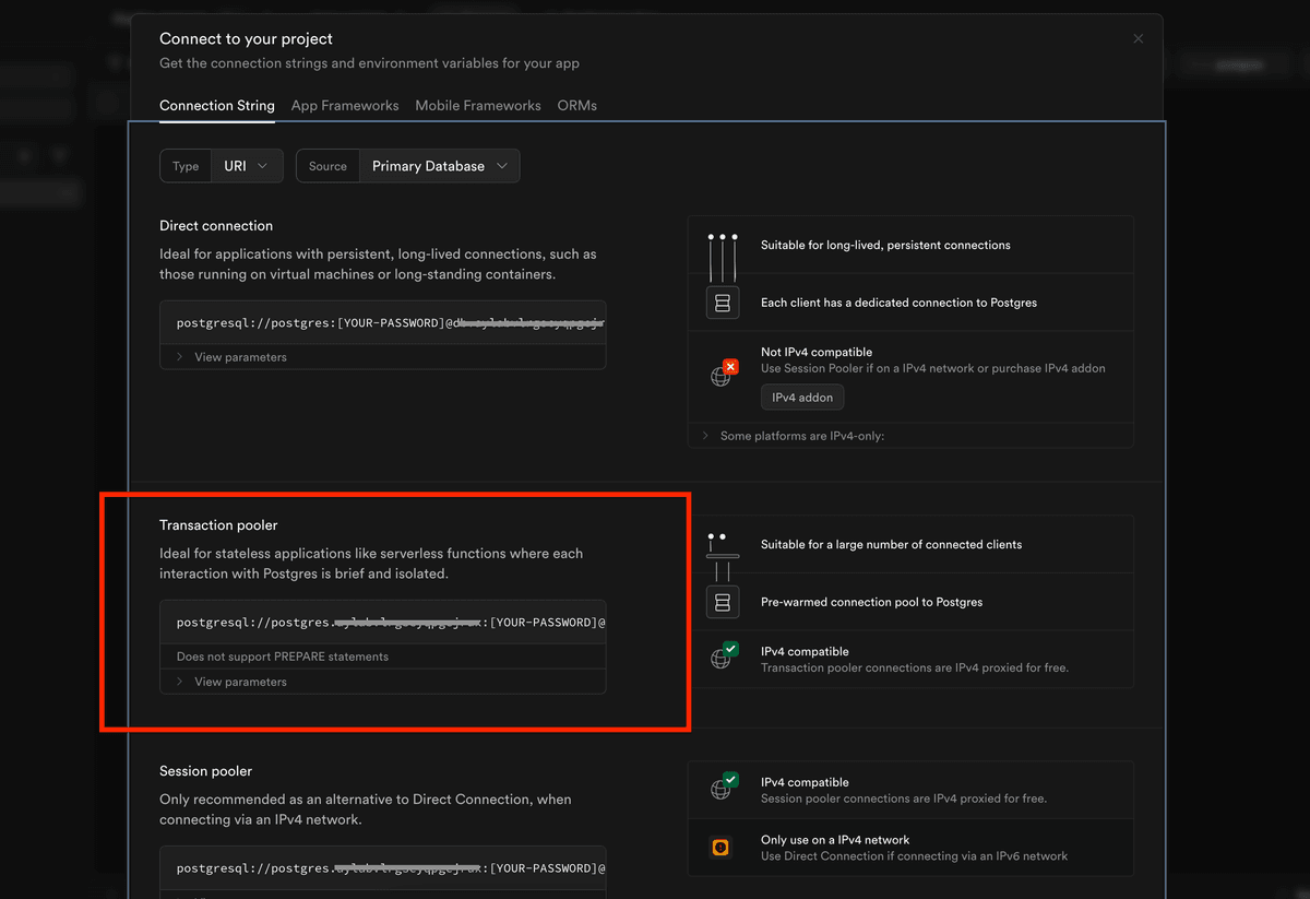 Transaction Pooler connection string